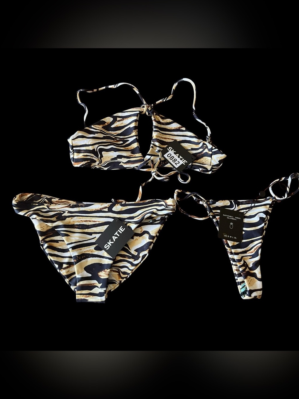 Skatie XS NWT Zebra Marble Bikini Set Halter Top Cheryl & Harli Bottoms